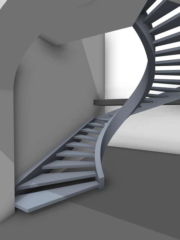 Забежная бетонная лестница на 2 косоурах. Вид 1